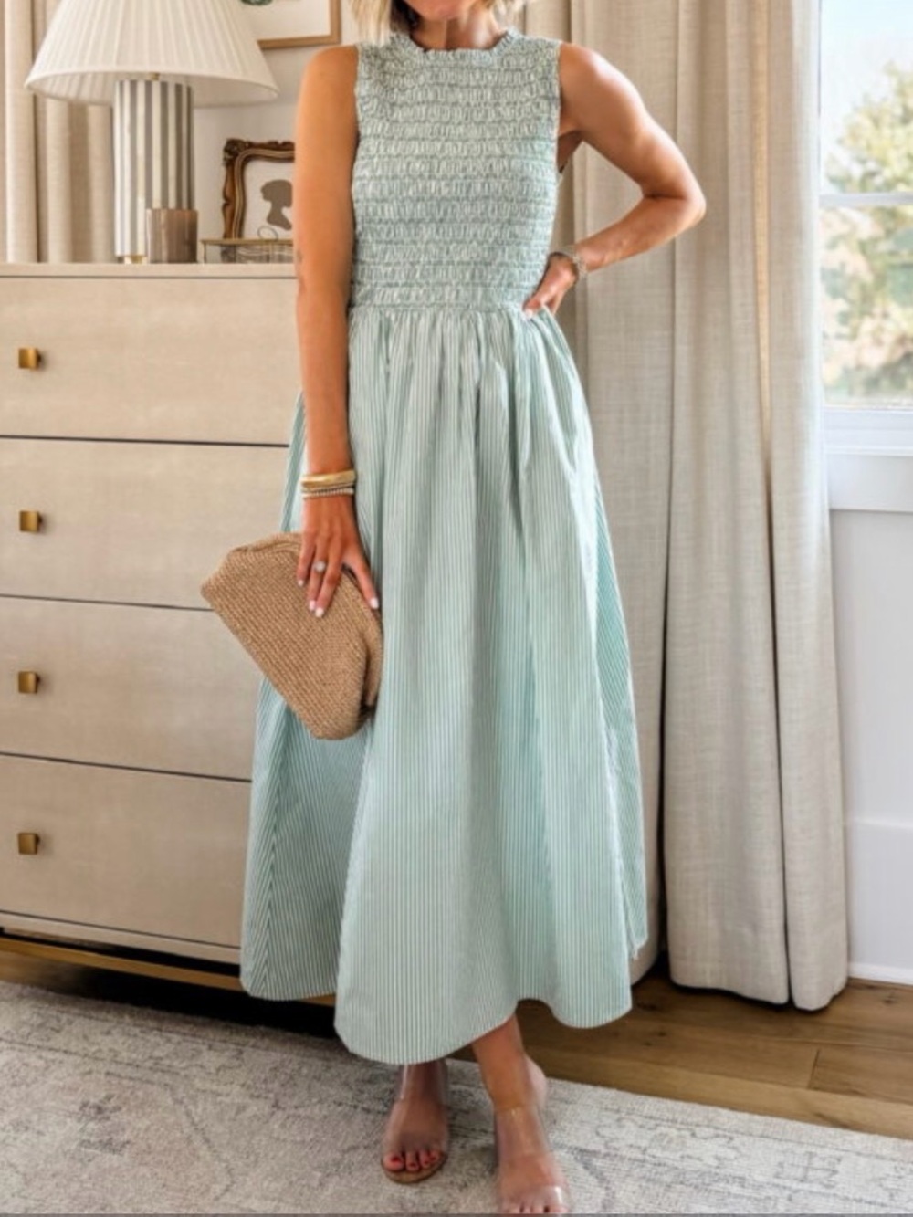 LOFT Sage Green Smocked Maxi Dress